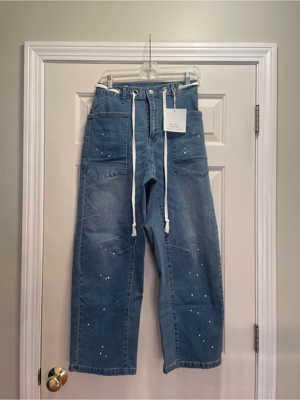 Women’s Barrel Jeans Blue Jeans with White Drawstring and Paint Detail